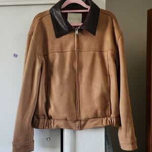 Tan Suede Bomber Jacket with Dark Brown Collar
